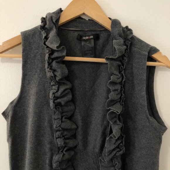 Style&Co. Ruffle Sleeveless Long Sweater Cardigan Vest Charcoal Gray Size Small - Picture 2 of 9